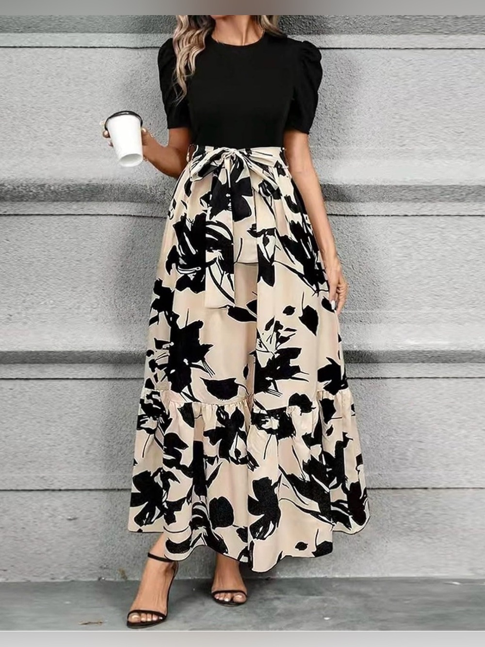 SHEIN Cream & Black Floral Maxi Skirt | Tie Waist | Size XL - NWOT - Picture 3 of 8
